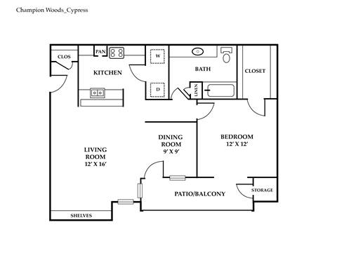 Floor plan for 1 bed, 1 bath, 802 sqft